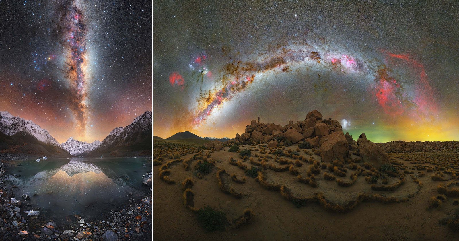 Split image of night skies. Left: A bright, colorful Milky Way over snow-covered mountains and a reflective lake. Right: The Milky Way forming an arch over a rocky desert landscape with sparse vegetation. Both scenes are vibrant with starlit skies.