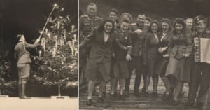 Two black-and-white photos: On the left, a person in uniform lights candles on a Christmas tree with a long pole. On the right, a group of people in uniforms, some smiling and holding musical instruments, stand and lean in a joyful pose.