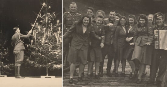 Two black-and-white photos: On the left, a person in uniform lights candles on a Christmas tree with a long pole. On the right, a group of people in uniforms, some smiling and holding musical instruments, stand and lean in a joyful pose.