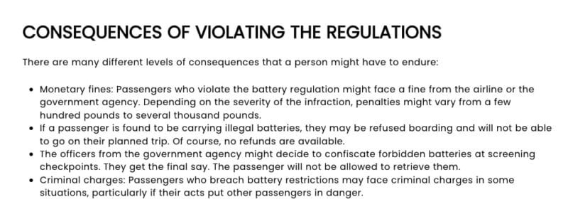Text image stating "consequences of violating the regulations", listing outcomes like monetary fines, denied boarding, confiscation of prohibited items, and criminal charges for violating certain rules.