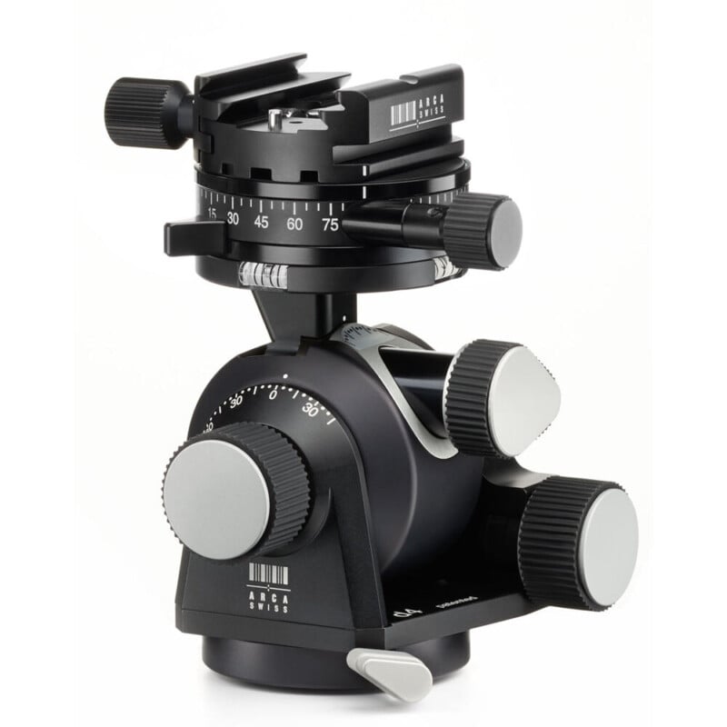 Professional black tripod head with precise adjustment dials and angle markings on a white background.