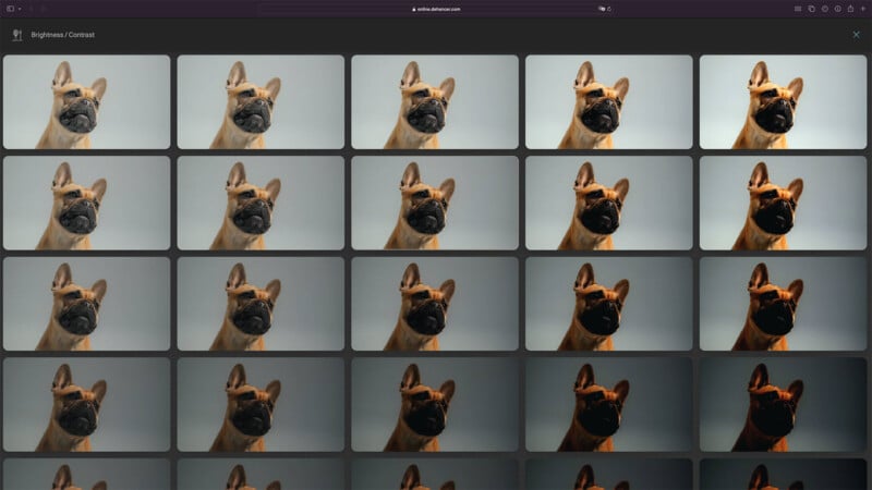 A grid screen displaying multiple photos of a French Bulldog with varying degrees of brightness and contrast, exploring light manipulation in photography.