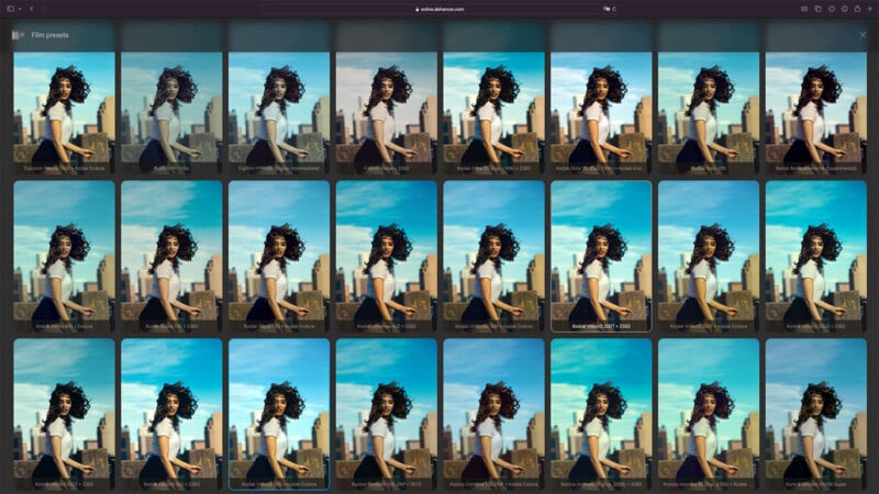 A grid of identical images showing a young woman with curly hair smiling and holding a camera, set against a backdrop of a clear blue sky.