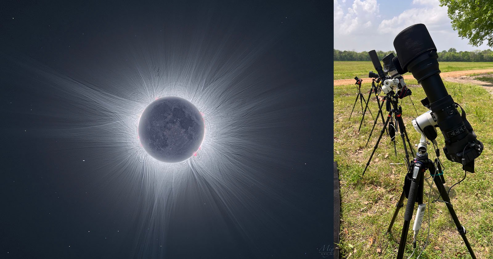 A composite image showing a total solar eclipse on the left and four telescopes set up on a grassy field on the right. The eclipse captures the solar corona surrounding the moon. The telescopes and cameras are pointed towards the sky under a partly cloudy day.