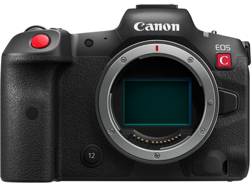 A black Canon EOS C camera body with a red button on top, silver lens mount, and various buttons and dials on the front and side. The camera logo and model are visible above the lens mount.
