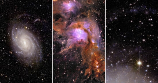 A triptych of space images: the left shows a spiral galaxy with a bright core and extended arms; the center features a nebula with vibrant purple and red hues; the right displays a star field with numerous stars, including a prominent, shining star in the lower right.