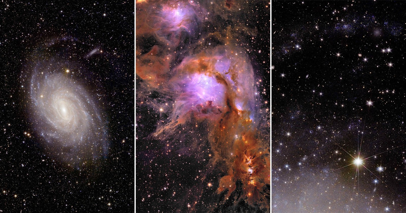 A triptych of space images: the left shows a spiral galaxy with a bright core and extended arms; the center features a nebula with vibrant purple and red hues; the right displays a star field with numerous stars, including a prominent, shining star in the lower right.