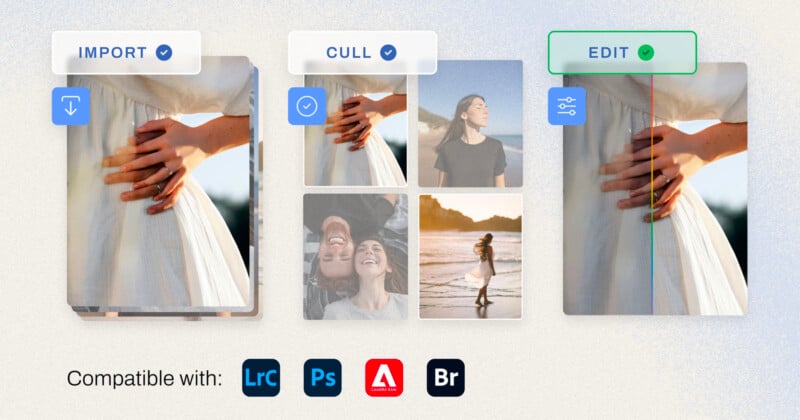 Image showcasing a three-step photo editing process with "Import," "Cull," and "Edit" stages. Each step is represented by images and icons. The bottom displays compatibility icons for Adobe Lightroom, Photoshop, Camera Raw, and Bridge.