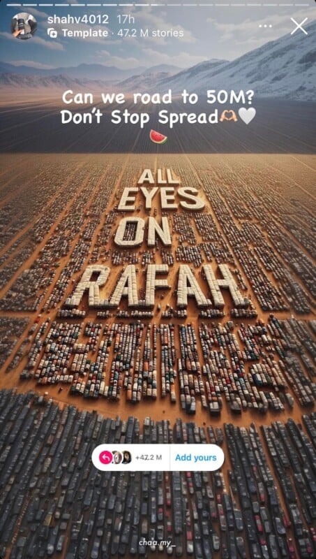 A large crowd of people is forming the shape of the words "ALL EYES ON RAFAH" in a desert area. The text "Can we road to 50M? Don't Stop Spread" is written above. The image also includes a social media interface showing a post with views and the option to add to the story.