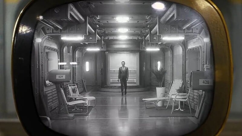A black-and-white image shows a person standing in the middle of a futuristic hallway lined with industrial decor. Surrounding the person are numbered lounge chairs and a potted plant. The scene is framed as if viewed through a rounded monitor screen.