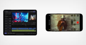 Two smartphones displaying apps: the left shows a video editing interface; the right is in camera mode capturing a man in a cowboy hat.
