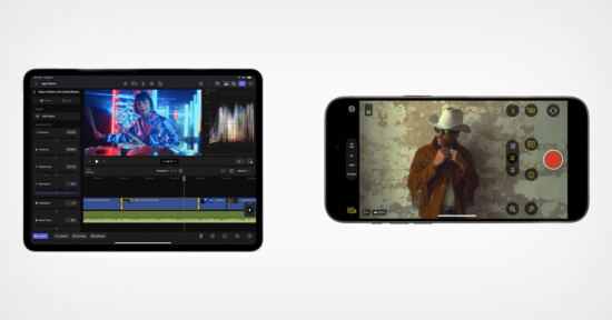 Two smartphones displaying apps: the left shows a video editing interface; the right is in camera mode capturing a man in a cowboy hat.