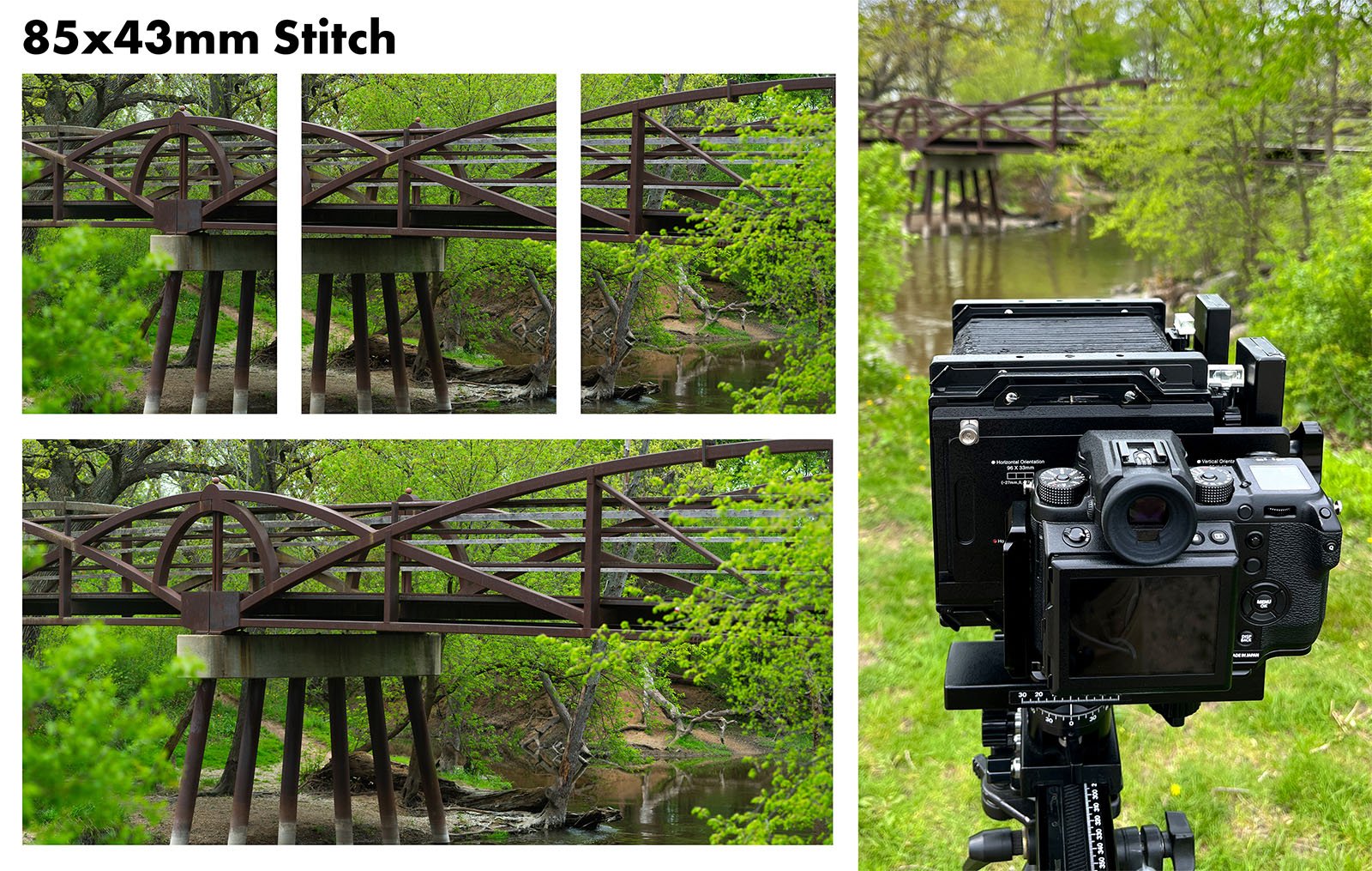 A montage of images featuring a wooden bridge in a serene, green park setting, captured through different angles with a large format camera displayed in the foreground.