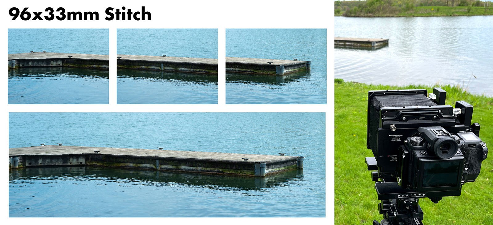 A series of three images showing a wooden dock on a lake, each focusing on different sections of the dock, beside a large-format camera set up on a tripod aimed at the scene.