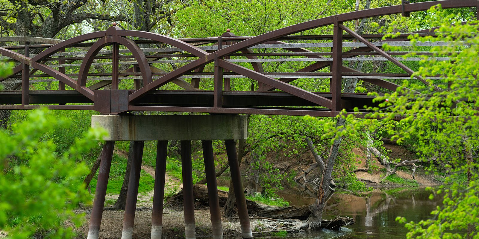 A picturesque wooden bridge with a circular arch design over a small creek, surrounded by flourishing green trees and bushes in a lush, serene forest setting.