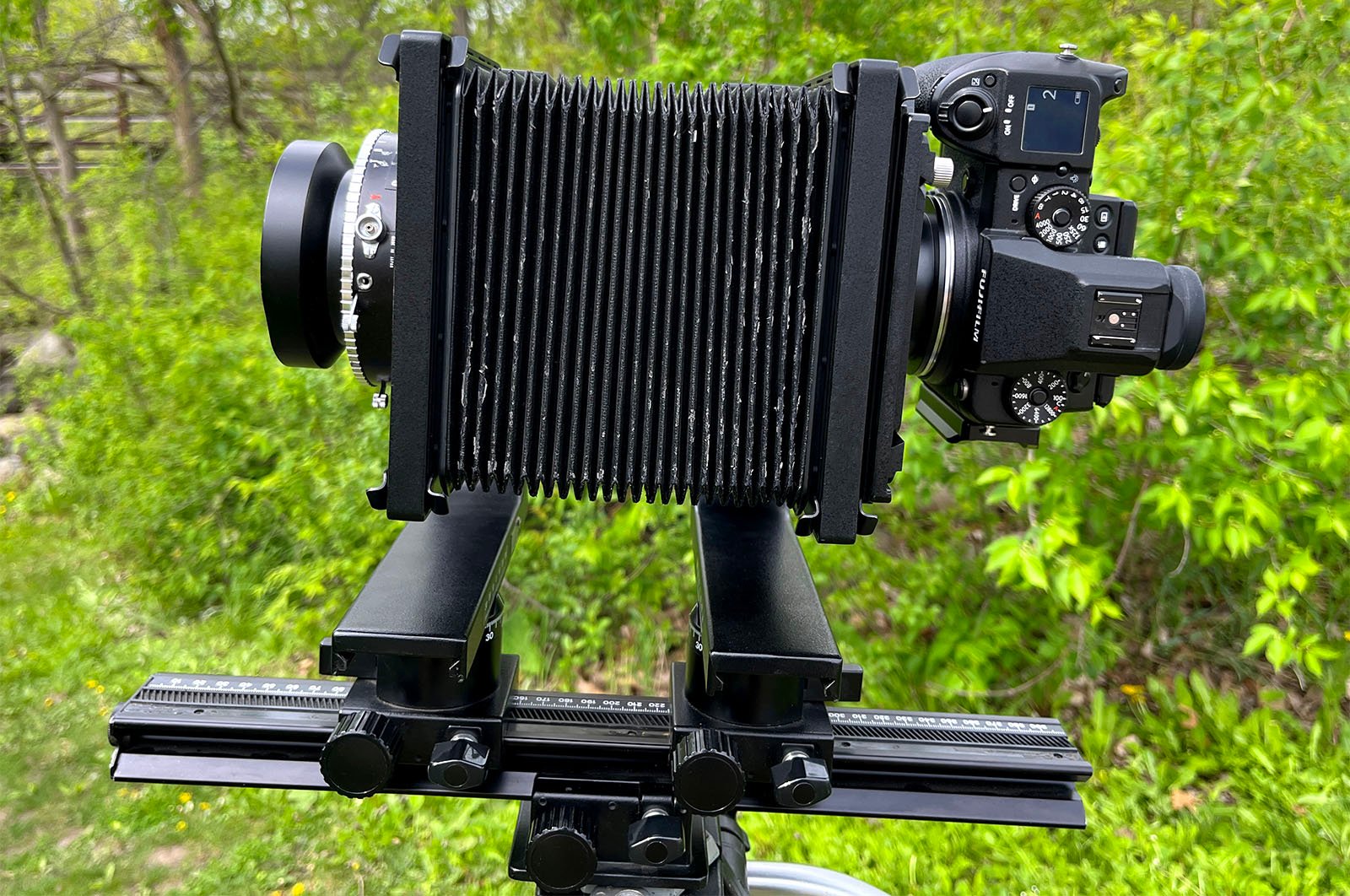 A large format camera mounted on a tripod, featuring a bellows and a lens facing a lush green outdoor backdrop.