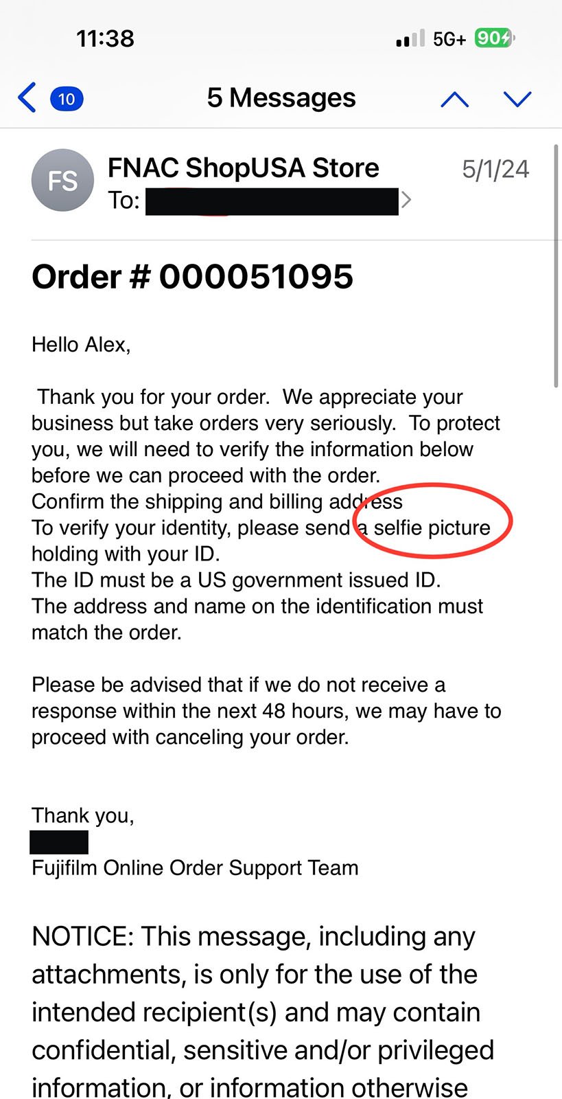 Screenshot of an email from Fujifilm Online Order Support Team with Order #000051095. The email requests a selfie picture holding an ID to confirm identity before proceeding with the order. The email was sent to someone named Alex, dated 5/1/24.