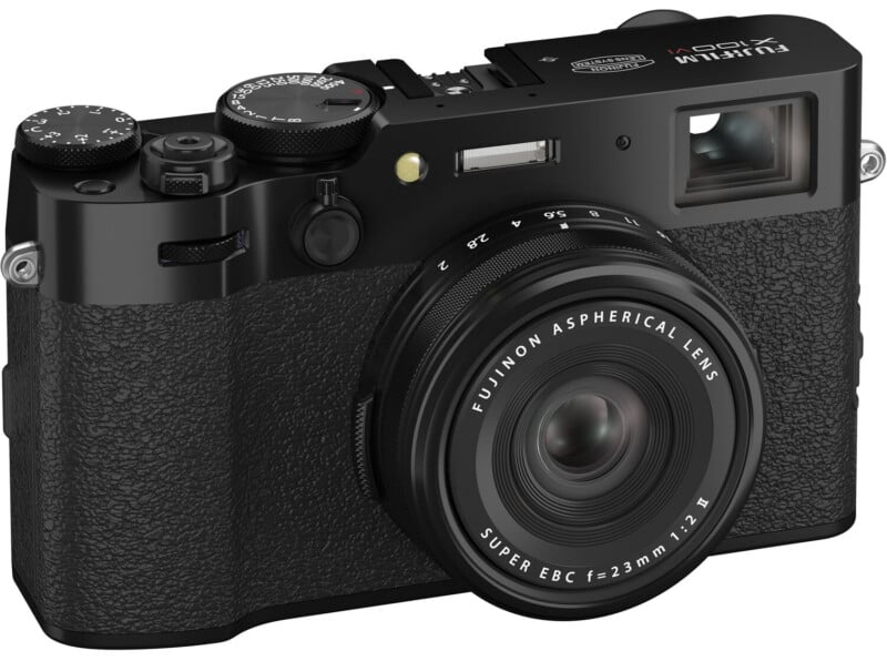 A black fujifilm digital camera with a prominent lens and labeled controls on the top and front. the camera body has a textured grip and classic design elements.