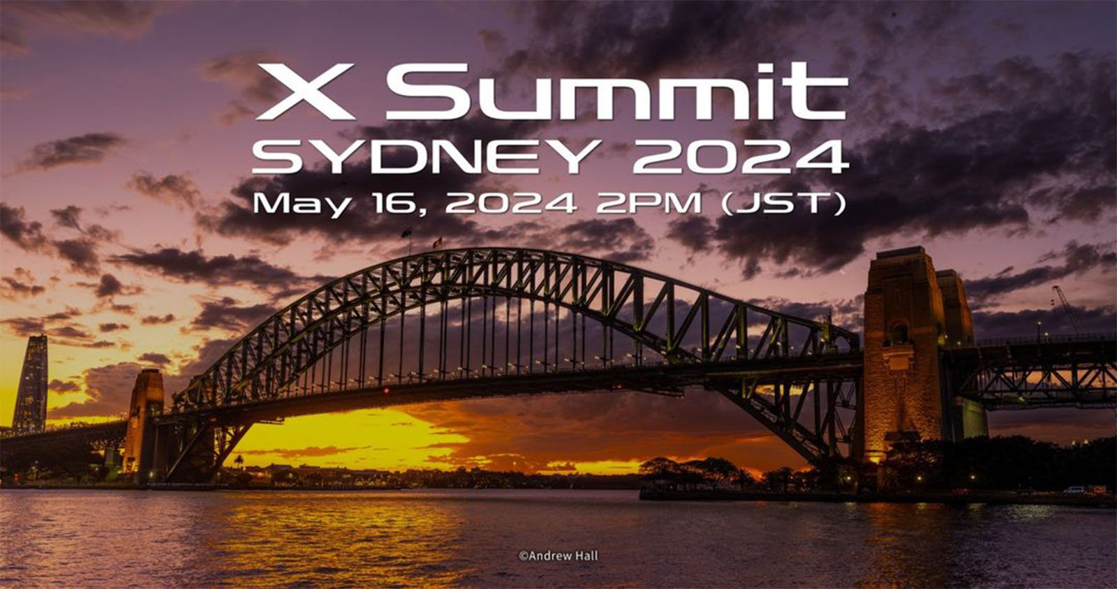Promotional image for x summit sydney 2024, featuring sydney harbour bridge at sunset with vibrant colors in the sky. event details and date are prominently displayed.