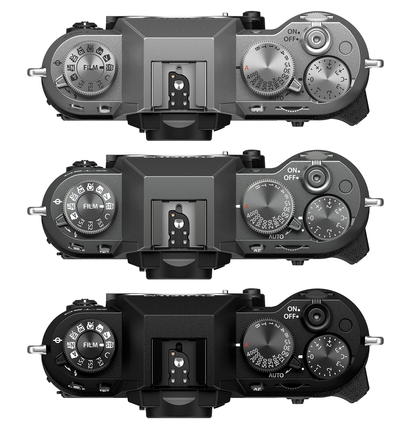 Top view of three digital camera bodies aligned vertically. Each camera has various dials and buttons for settings, such as on/off switches, mode dials, and exposure compensation dials. The cameras are similar in design but have distinct differences in controls and features.
