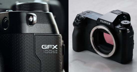 Split image; Left: Close-up of the textured grip and shutter button of a black Fujifilm GFX 100S II camera. Right: Full view of the same camera body showing the lens mount, top LCD screen, and control dials, all on a light surface.
