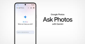 A smartphone screen displaying the Google Photos app with a virtual assistant named Gemini. The assistant greets "Elisa" and asks, "What can I help you with?" Text next to the phone reads, "Google Photos Ask Photos with Gemini.