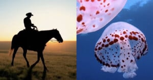 Left image: A silhouette of a person riding a horse during sunset, with a grassy field and glowing sky in the background. 
Right image: Two spotted jellyfish swimming underwater, with a clear blue ocean as the backdrop.