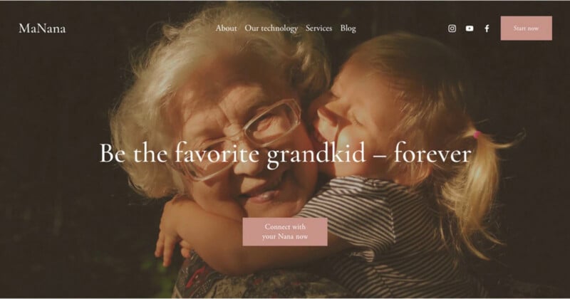 A joyful elderly woman with glasses and white hair embraces a smiling young child with a ponytail. The text overlay reads "Be the favorite grandkid — forever," with a button saying "Connect with your Nan now."