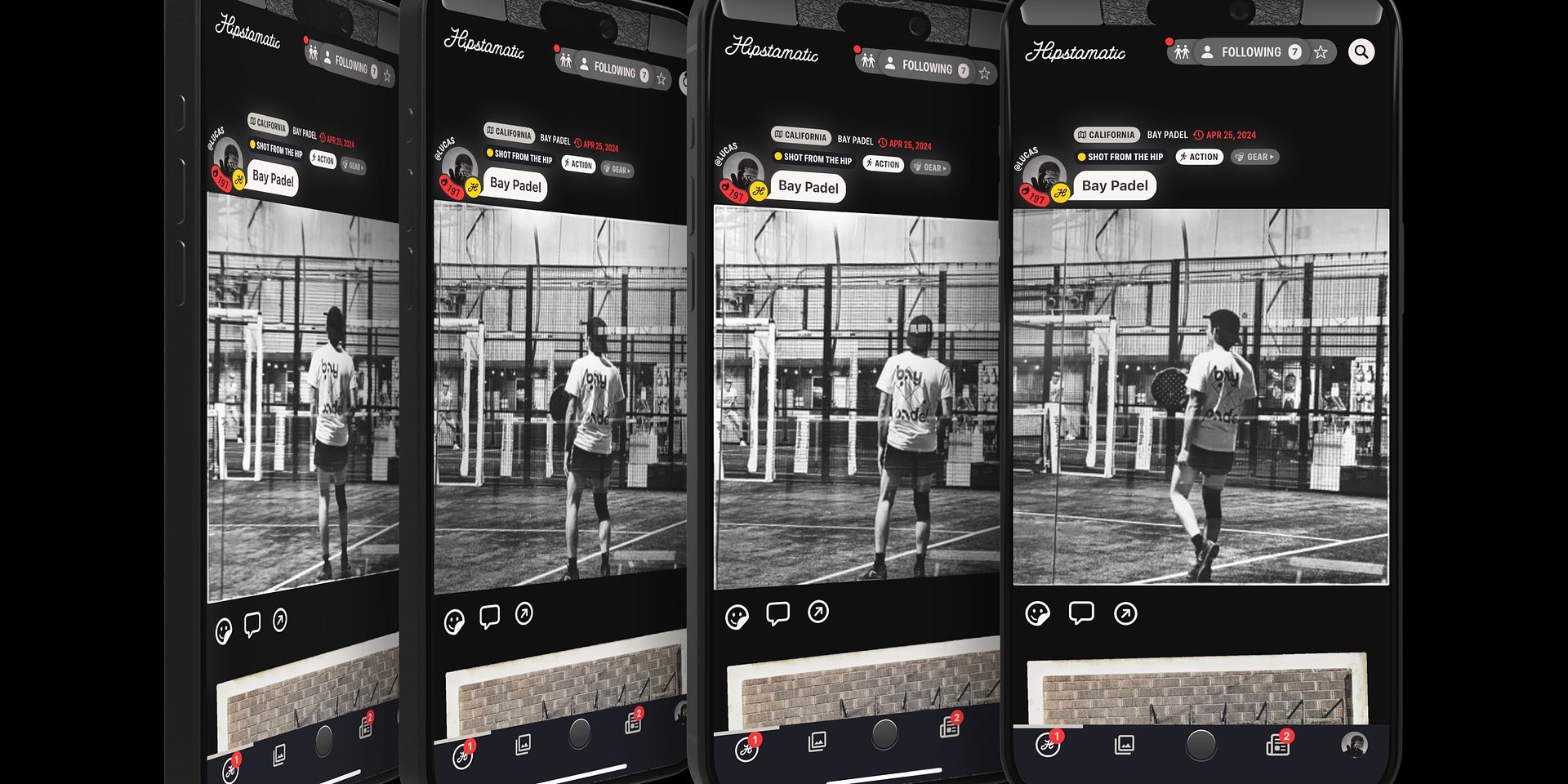 A grid of black-and-white photos on a smartphone screen showing two players in a paddle tennis match from various angles. each photo has digital interface elements like buttons and icons.