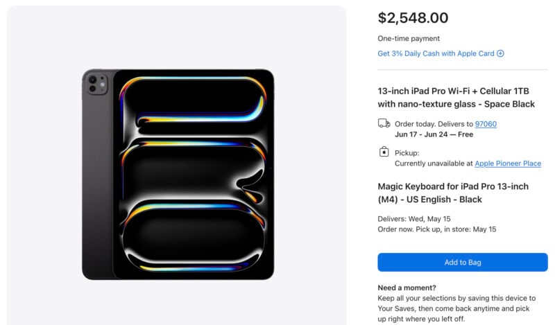 An image of apple's online store displaying a black ipad pro 11-inch with a colorful abstract wallpaper on its screen, encased in a black cover. the page shows pricing and purchase options.