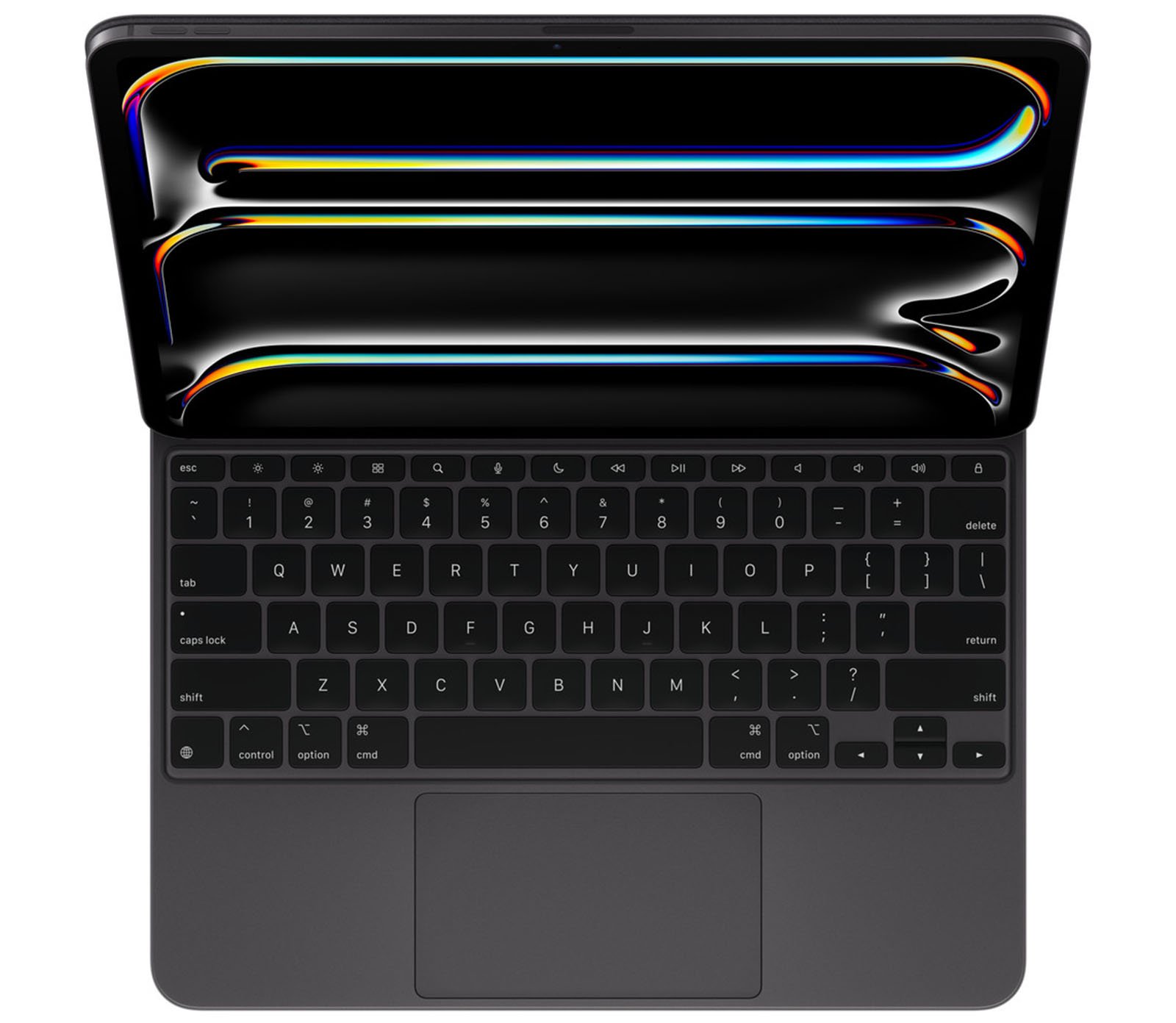 A modern laptop with a sleek design, featuring a black keyboard with visible keys and a touchpad. the screen displays colorful abstract lines.