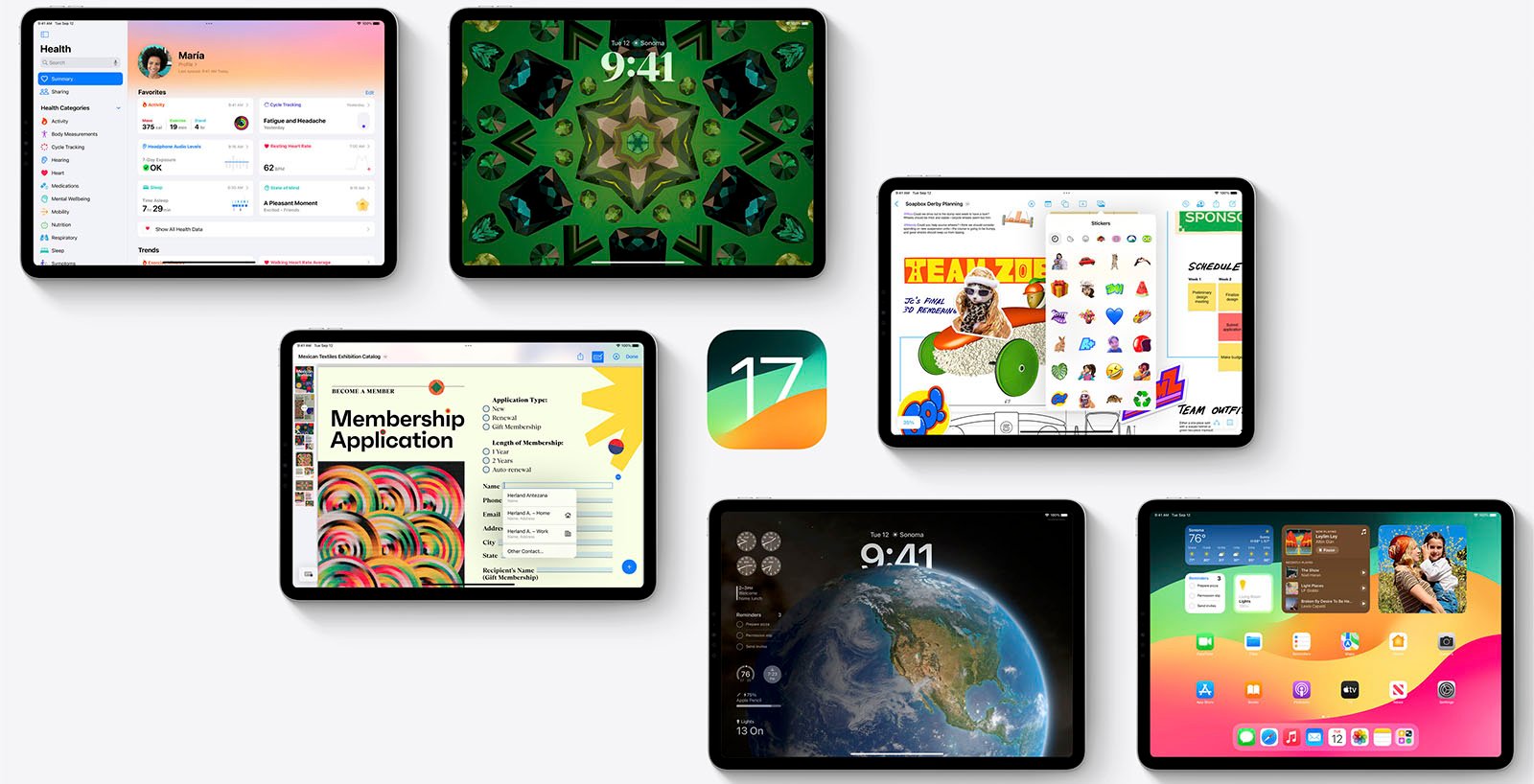 Multiple apple devices displayed, each with a different screen showing various applications like a fitness app, clock, world map, and educational game.