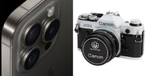 A side-by-side image featuring a close-up of an iPhone with three camera lenses on the left and a Canon AE-1 film camera with a lens cap featuring the 1976 Montreal Olympics logo on the right.
