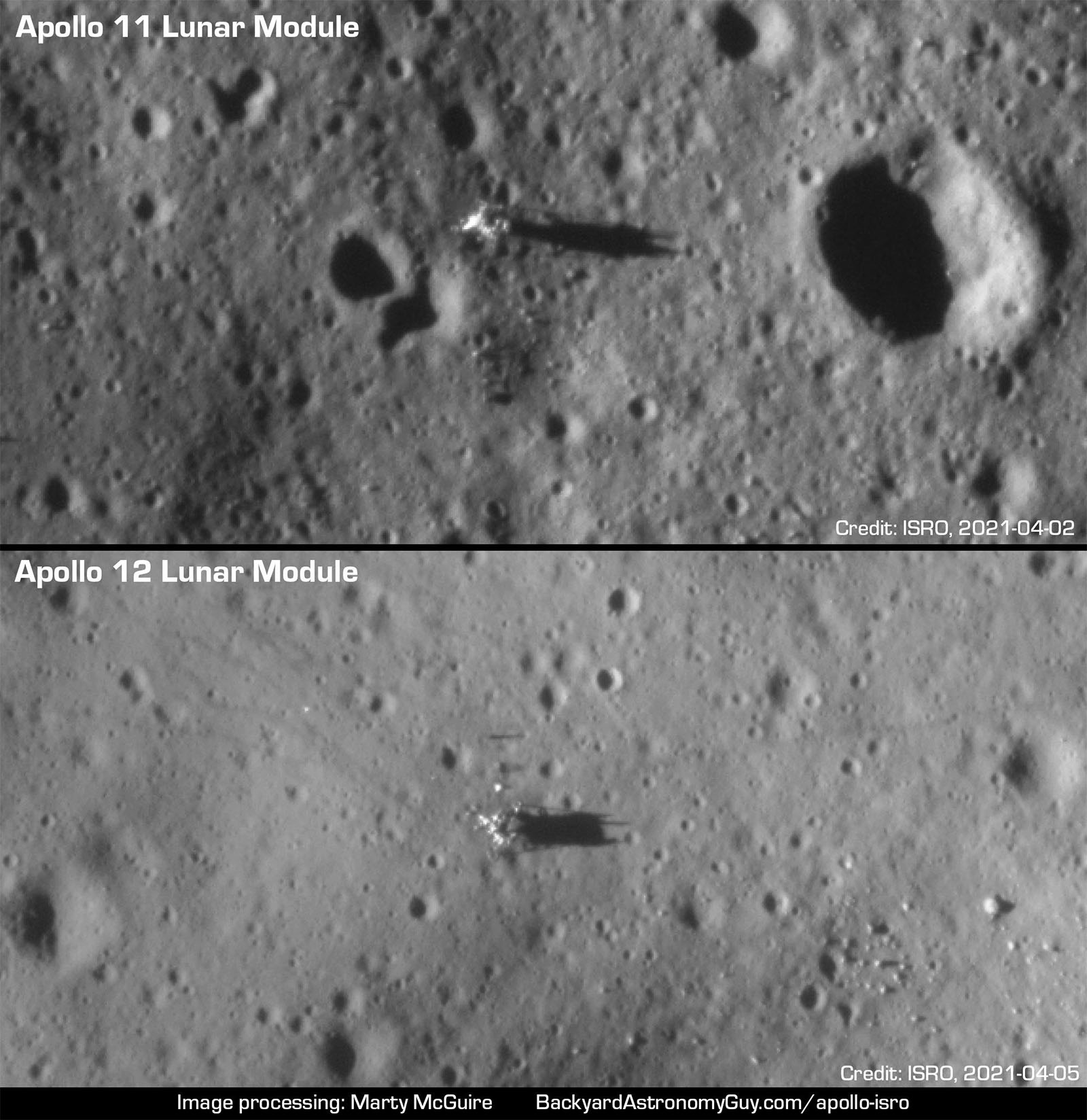 Top: high-resolution photo of the apollo 11 lunar module on the Moon 's surface with distinct contrasts. bottom: detailed image of the apollo 12 lunar module surrounded by lunar soil and small craters.
