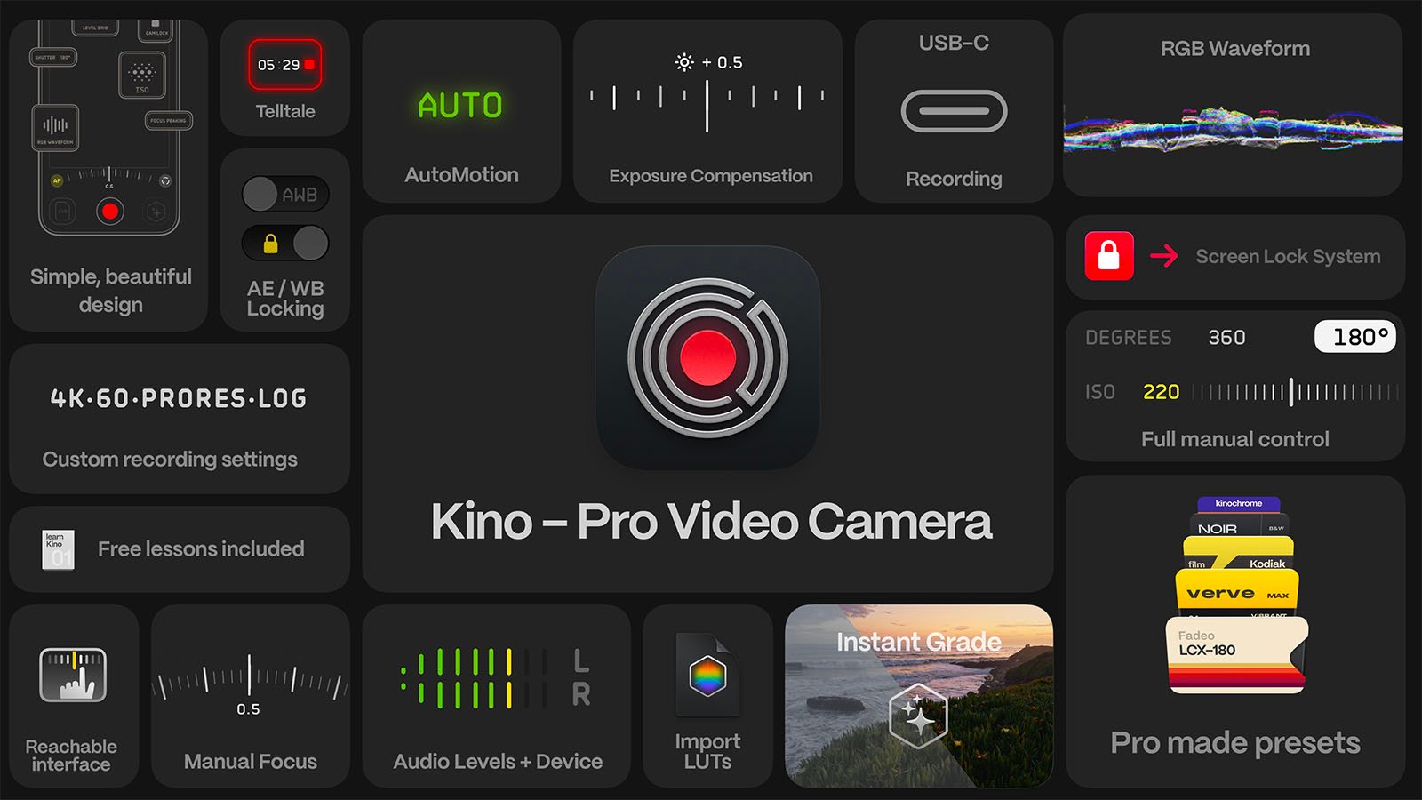 A screenshot of a video camera app interface named "Kino – Pro Video Camera." The interface includes various icons and controls for AutoMotion, exposure compensation, a USB-C port, RGB waveform, recording, screen lock, manual focus, audio levels, and importing LUTs, among other advanced features.