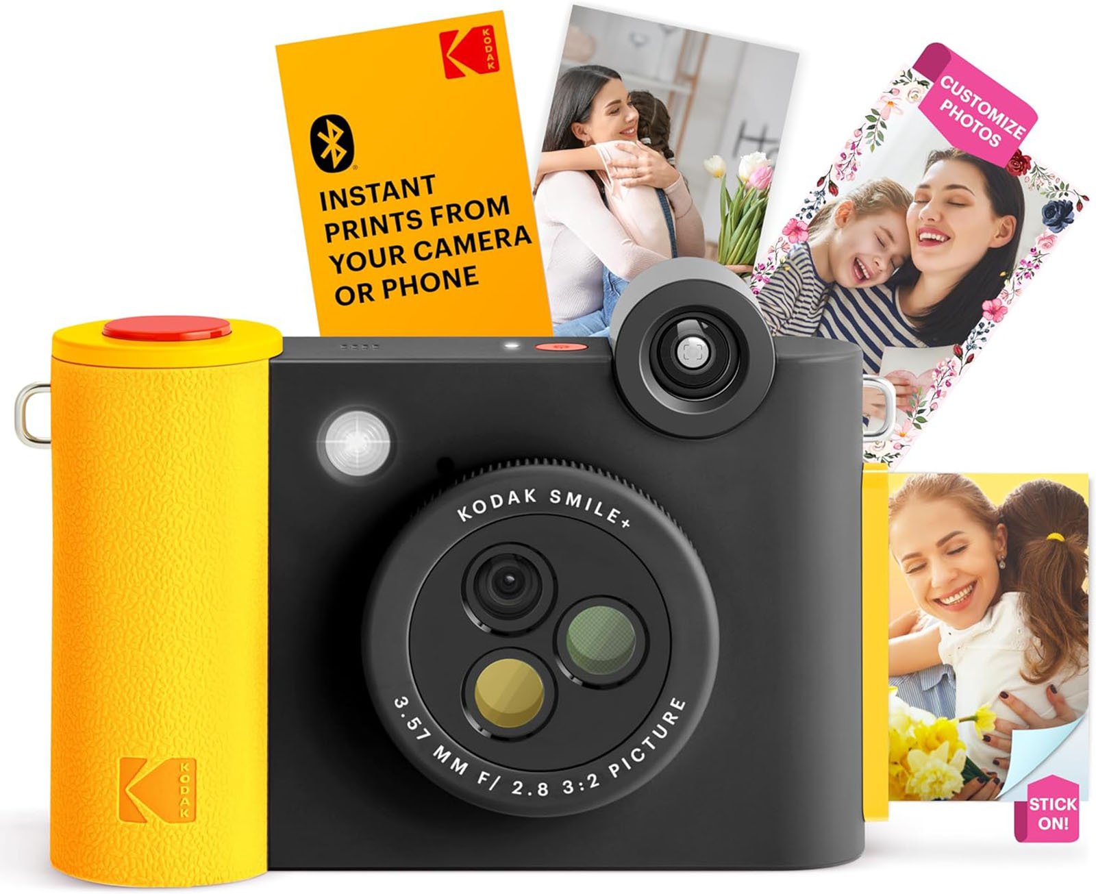 A Kodak Smile instant print digital camera, presented in black and yellow, surrounded by printed photographs and its retail packaging emphasizing instant prints from camera or phone.