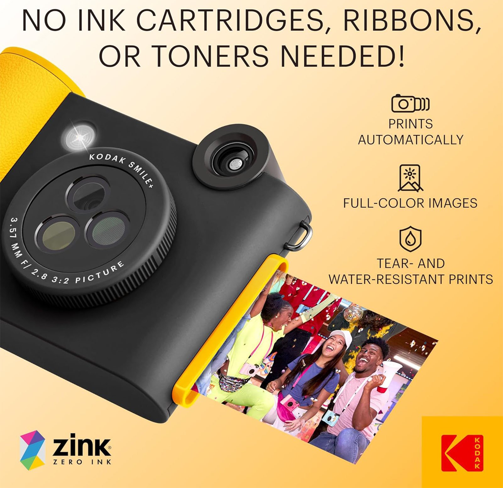 Advertisement for Kodak Smile camera with Zink printing technology, highlighting that no ink cartridges, ribbons, or toners are needed, and it prints automatically full-color, tear- and water-resistant images.