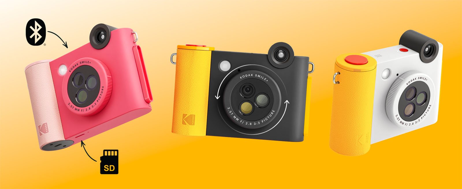 Three colorful digital cameras (pink, black, and white) with retro designs displayed against an orange background, each marked with an SD card icon and a mute symbol.