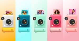 Five colorful instant cameras arranged in a row, each displaying a photo of smiling people, on a background gradient from yellow to pink.