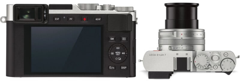 Two views of a digital camera: on the left, the back view showing the LCD screen and buttons; on the right, the top view showing the extended zoom lens, dials, and the branding "Leica D-Lux 7". The camera has a sleek, compact design with silver and black elements.
