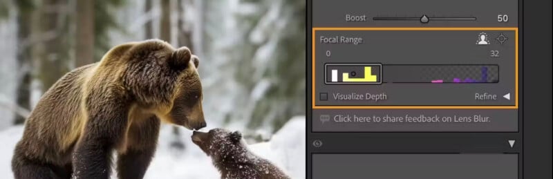A bear and a cub touch noses in a snowy forest. On the right side of the image, there is a software interface displaying focal range and depth visualization options. The scene is serene, accentuating the bond between the animals.