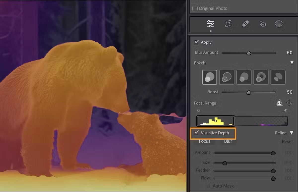 An image showing a photo editing software interface, where a large bear and a smaller bear are highlighted with an orange overlay. The right side features various editing tools and sliders, including options for bokeh, focal range, and blur. "Visualize Depth" is checked.