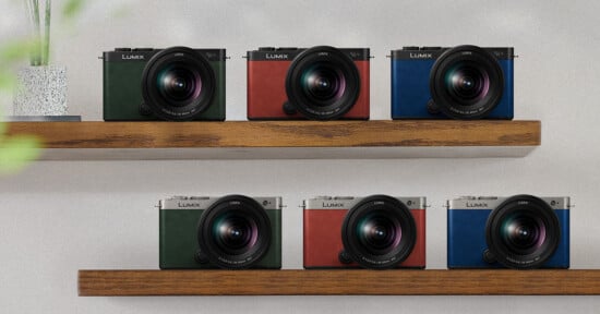 Two wooden shelves each displaying three cameras. The upper shelf holds a green, red, and blue camera, while the lower shelf also holds a green, red, and blue camera. Each camera is marked with the "LUMIX" brand and is equipped with a large lens. A plant is partially visible on the left side.