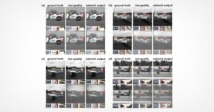 Four sets of images (labeled a-d) each contain three columns: 'ground truth', 'low-quality', and 'network output'. Each set shows a plane and a background of different quality levels, illustrating the comparison between original, degraded, and processed image outputs.