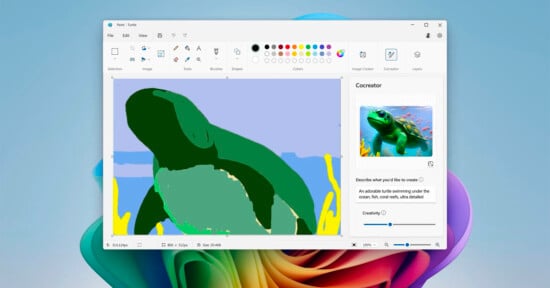 A digital drawing of a green sea turtle is being created in the Paint software. The screen displays various drawing tools and color options at the top. A sidebar on the right shows an AI-generated image suggestion of a turtle with a description and creativity slider.