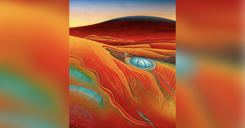 A surreal desert landscape painting features vibrant red and orange rolling hills under a gradient yellow to blue sky. At the center, a silver dome-like structure and winding paths add a sense of mystery and intrigue to the arid scene.