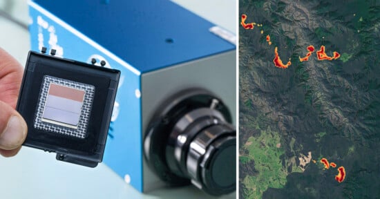 A close-up of a multispectral camera sensor is held in hand on the left, with the camera body in the background. On the right, a satellite or aerial image showcases areas affected by wildfires, highlighted in red and orange hues across a forested landscape.