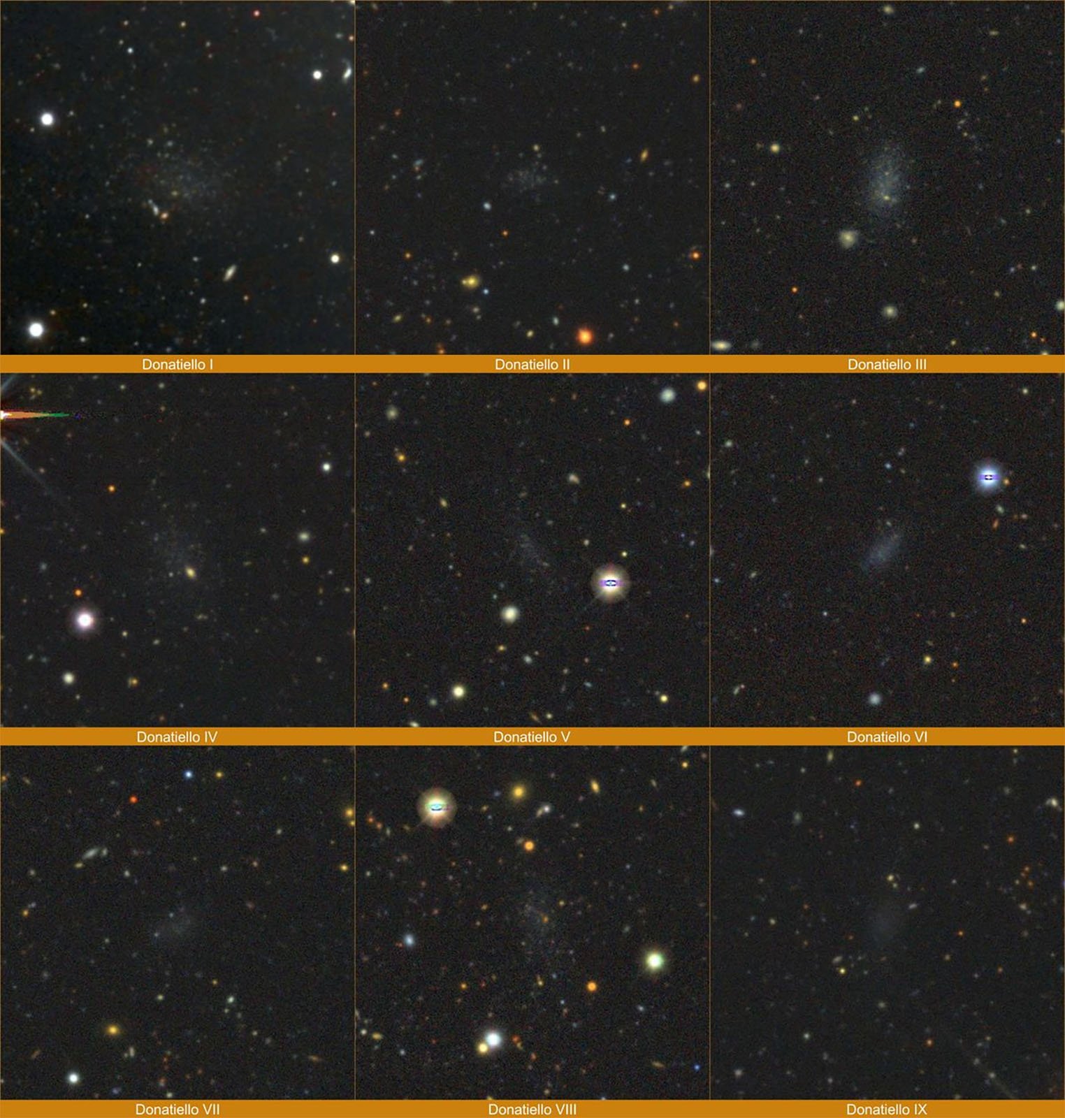 A composite image shows nine telescopic views of galaxies, each labeled "Donatiello I" to "Donatiello IX". The galaxies vary in size and structure, set against a starry background. The labels are placed below each respective image.