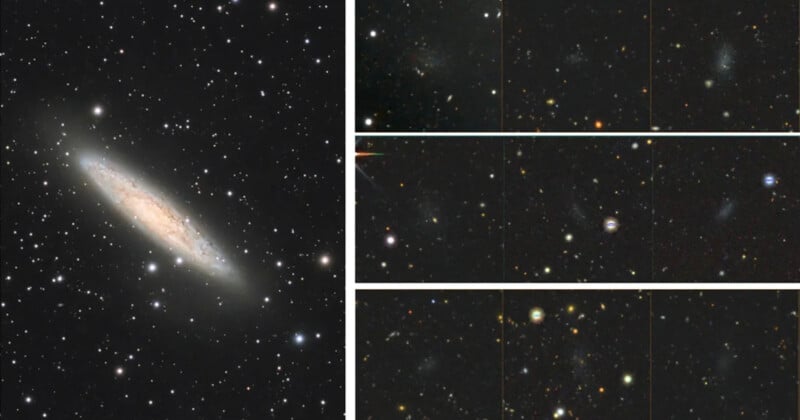 Image of a galaxy on the left, displaying a bright central area with spiral arms and a significant amount of surrounding space and stars. To the right, there are six smaller, zoomed-in sections highlighting specific distant stars or galaxies against the dark background.