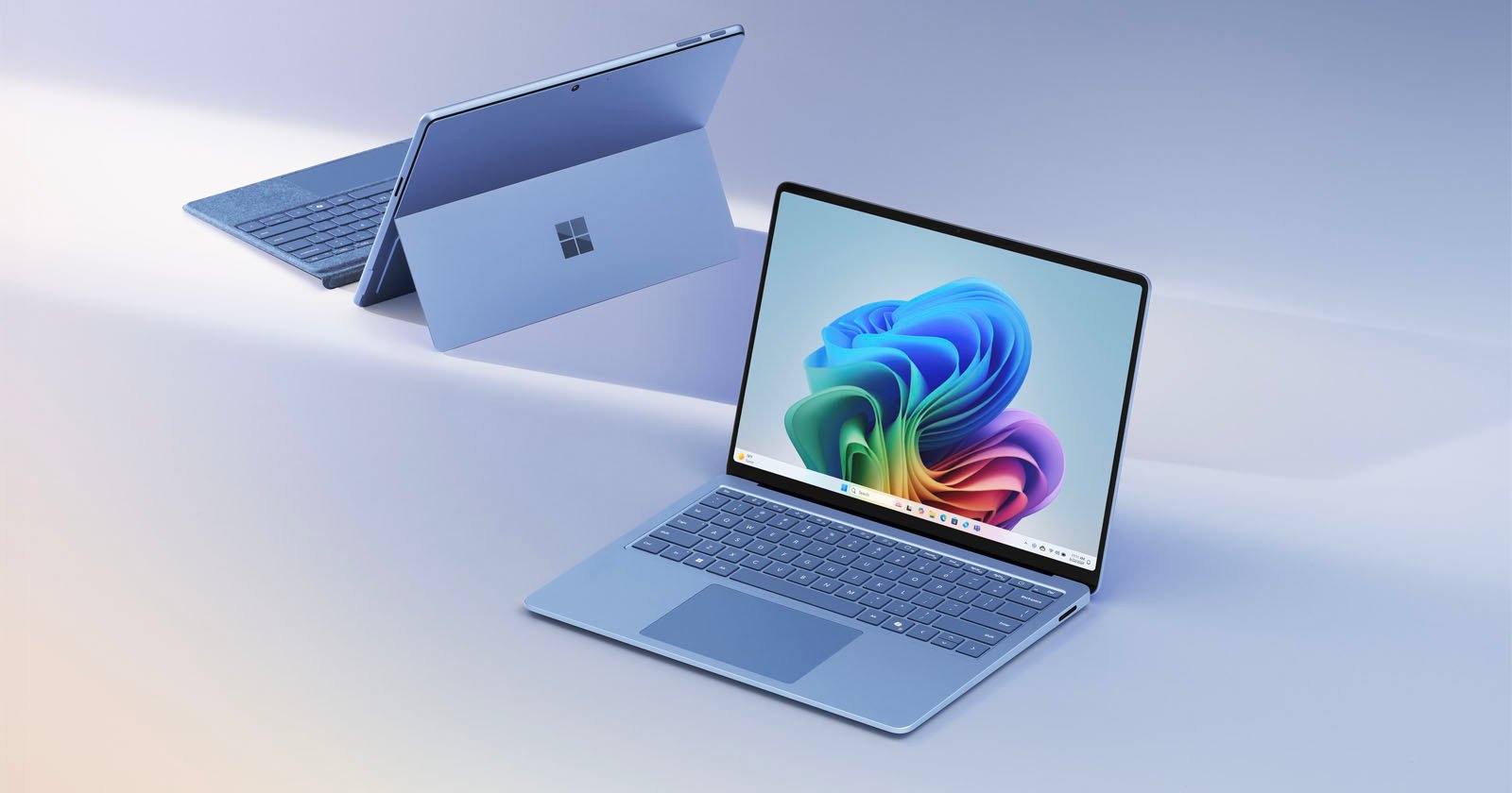Two Microsoft Surface devices are displayed on a light background. The device in the foreground is a laptop with a colorful screen showing a stylized Windows logo. The one in the background is a tablet with a detachable keyboard, viewed from the back.